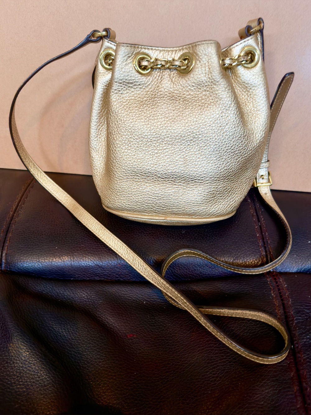 Mini Michael Kors Metallic Gold Leather Bucket Crossbody Bag “Frankie” w/Dusty - Picture 3 of 11